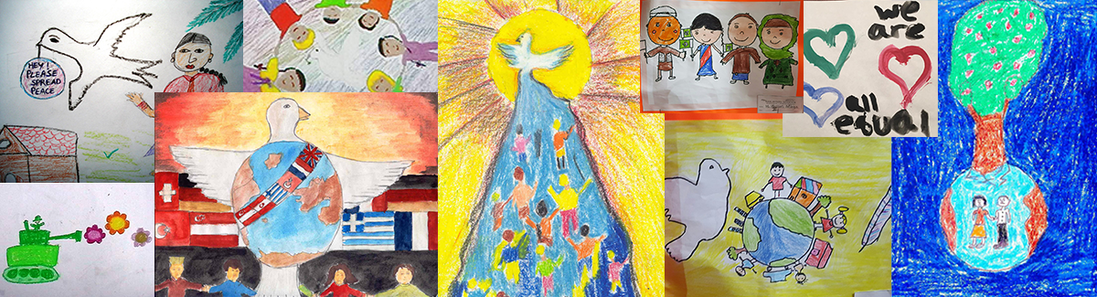 Collage of children's Peace Train drawings from around the world